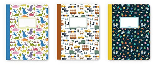 dabelino® Lot de 3 cahiers A5 pour enfants/garçons : lignés (dinosaures, voitures/véhicules, espace/espace) – cahiers de devoirs, cadeau de rentrée des classes, remplissage de cornet