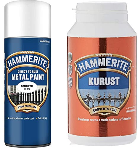 Hammerite 5084782 Metal Paint: Smooth White 400ml (Aerosol) & 5092820 Kurust, 250 ml