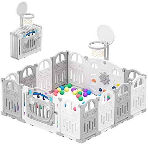UBRAVOO Parque Infantil Bebé 150cmx150cm Corralito Bebé Parque de Juegos Tema de Coche Mini Aro de Baloncesto y 50 Bolas(12+2 Paneles, Blanco Lechoso)