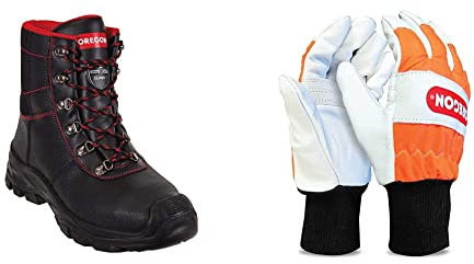 Oregon Sarawak Klasse 1 Kettensägen-Schnittschutzstiefel aus Leder, Stahlkappen, Sicherheits-Arbeitsstiefel, Größe 43 & Schnittschutzhandschuhe aus Leder mit Schutz in der linken Hand – L/10 (91305L)