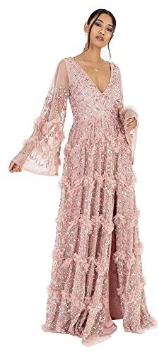 Maya Deluxe Ladies Womens Maxi Dress V Neckline Sequin with Ruffle Empire Waist Slit Split for Prom Ball Bridesmaid Wedding Guest, Robes aux Femmes, Rose Givré, 38