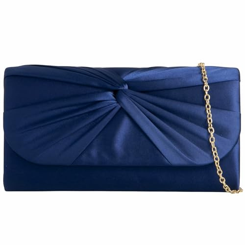 Satin Pleated Style Bridal Prom Wedding Evening Clutch Party Purse Hand Bag (Navy Blue)