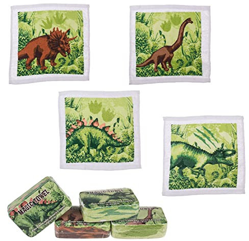 Magisches Baumwoll-Handtuch Zaubertuch Dinosaurier 4er-Set für Kinder 30 x 30 cm Mitgebsel Geschenkidee Kindergeburtstag Geschenk Reisen 100% Baumwolle