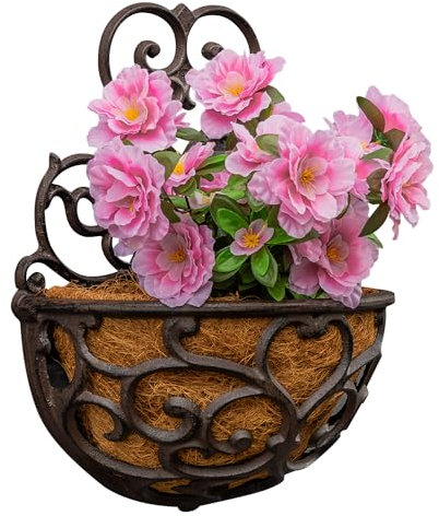 Woodside Cast Iron Wall Mounted Hanging Planter Basket with Coco Liner, Classic/Antique/Vintage Design for Outdoor Garden Walls & Fences