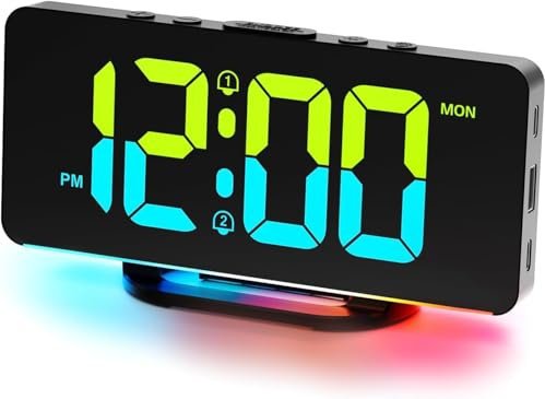 CHEREEKI Alarm Clock, Alarm Clocks Bedside Mains Powered with Night Light RGB, USB C Charging Port, Dual Alarms and 3 Alarm Modes for Heavy Sleepers, Kids, Teens, Elder(Adapter Included)