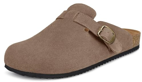 Zuecos y Mules para Hombre Mujer Pantuflas de Piel con Corcho Cerradas Zapatillas de Jardín Sandalias con Hebilla Ajustables Cómoda Marrón Oscuro 39