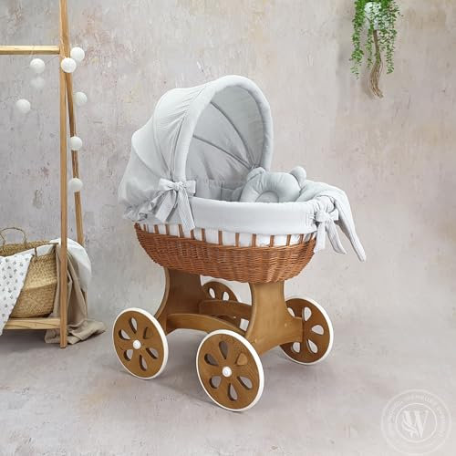 Wiklinopol Stubenwagen, Moseskorb Baby mit Gestell Annabell – Bollerwagen mit Rollen aus Naturweide – inkl. Matratze & 5-TLG. Hellgrau Musselin-Bettwäsche – Korb: Natur