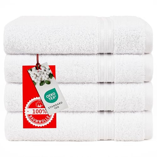 Hammetex 4er Badetuch Set, 100% Baumwolle Premium Qualität Groß 50x100cm Handtuch, Weich Saugstark Schnell Trocknendes Händehandtuch, Weiß