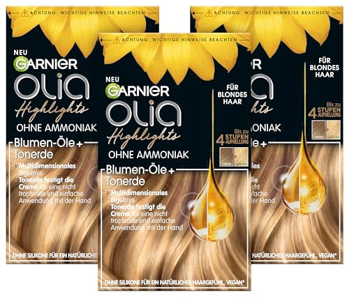 Garnier Set de tinte para mechas y reflejos en cabello rubio, con aceites florales y arcilla, sin amoniaco ni siliconas, hasta 4 niveles de aclarado, olia, rubio, 3 unidades