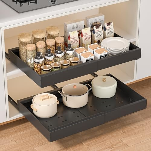 PNNP Teleskopschublade Küche Ausziehbare Schublade: Einstellbare Breite Schrank Organizer (32–53 cm B x 43 cm T x 7 cm H) - Ohne Bohren | Schwarz