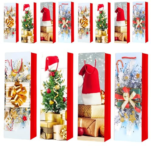 Christmas Bottle Bags Wine Carry Bag,12Pack Gift Bags for Wine,Xmas Wines Bottle Gift Bag Multipack Kraft Paper WineBags with Rope Handles,Xmas BottleBags for Wines,Whiskey,Spirits,Champagne
