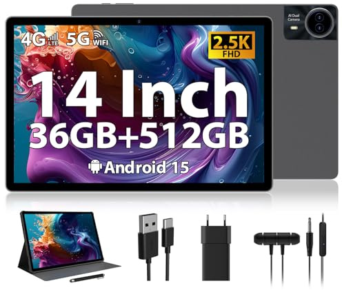 RUSHAR Tablet 14 pollici, Android 14 36 GB RAM+256 GB ROM (1 TB TF), 4G LTE/SIM+5G WiFi, 11580mAh|2240 x 1400 HD|Octa-Core 2.0GHz|13MP+8MP|Face ID|BT 5.0, tablet con penna e custodia, grigio