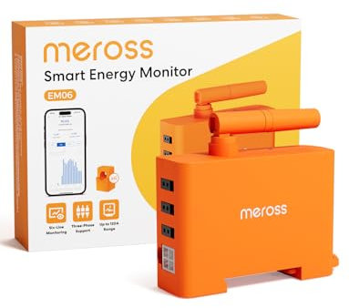 Meross EM06 (150 A) Compteur d'Énergie Triphasé connecté, WiFi Smart Meter 6 Canaux - Mesure énergie pour Solaire/Photovoltaïque, Maison et Industrie, Montage sur Rail DIN, Fusionner les canaux
