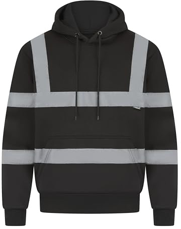 Men's Hi Vis Two Tone Hoodies Safety Fleece Sweatshirt Work Tops GO/RT Compliant Jumpers Black XL