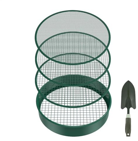 Jordsikt, trädgårdsskötsel, metallkompost sandsikt, planteringssil med 4 utbytbara nätskärmar, 30 cm, inkluderar spade, perfekt för växthus och jordbruksmark