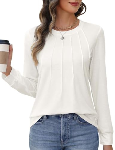 PASUDA Chemisier Femme Manches Longues Tops Chic et Élégant T Shirts Col Rond Pullover Hauts Casual Chemisier Coton Tunique Imprimé Tee Blouse(Blanc,M)