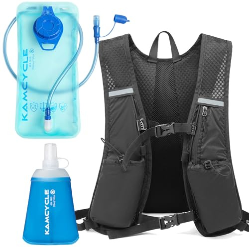 KAMCYCLE Sac à dos d'hydratation avec poche à eau de 2 l et bouteille de 300 ml, gilet de course pour la randonnée, la course, le vélo, le marathon, noir