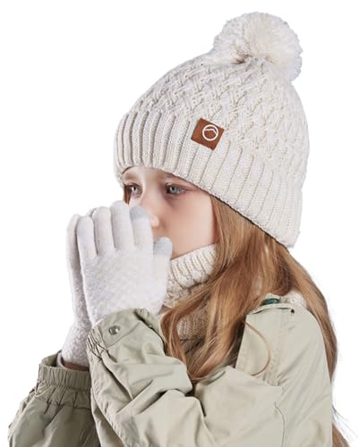 Kinder-Wintermütze, Schal und Handschuhe, warme Thermo-Strickmütze, Halswärmer, Touchscreen-Handschuh mit weichem Fleecefutter, für Mädchen und Jungen, Alter 4–10 Jahre, beige, Einheitsgröße
