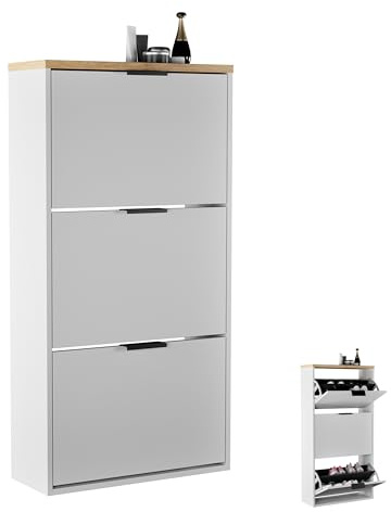 Planetmöbel Schuhschrank schmal mit 3 Klappen platzsparender Schuhregal mit 6 Ablagen, Schuhkommode für Diele, Flur, Garderobe 60 x 23 x 118 cm, weiß grau