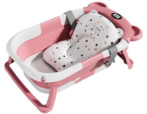 Baby Badewanne Faltbar mit Thermometer, Groß Babywanne mit Rutschfester Badematte, Tragbares Badebecken für Neugeborene & Kleinkinder, Reisedusche Babybadezubehör (Rosa)