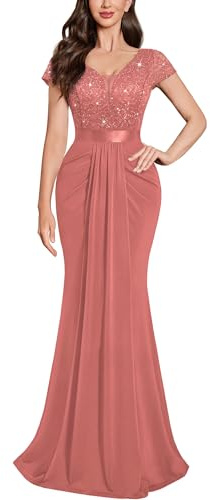 MIUSOL Women's Double V Neck Sequin Lace Chiffon Sheath Wedding Banquet Party Maxi Dress