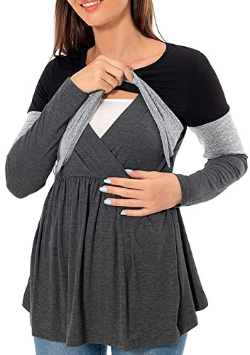 Maglietta da donna a maniche lunghe con scollo rotondo, blocco di colore, per allattamento e gravidanza