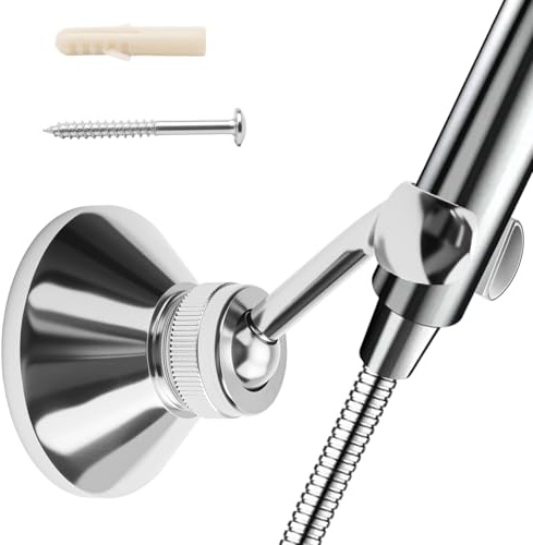 Shower Head Holder Bracket, Chrome Plated 360° Swivel Wall Mount for Handheld Shower, Fits Standard Show-er Hose, No Drill Installation, Rustproof Construction, Universal Showerhead Holder Replacement