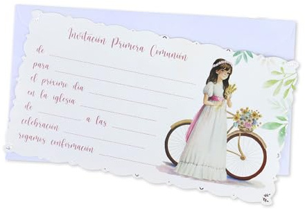 Pack de 20 Invitaciones Comunión Niña, Tarjetas con Sobre, Invitaciones para Primera Comunión, 16 x 8,5 cm, Diseño bicicleta, Detalles invitados, Detalles Comunión,Regalantes