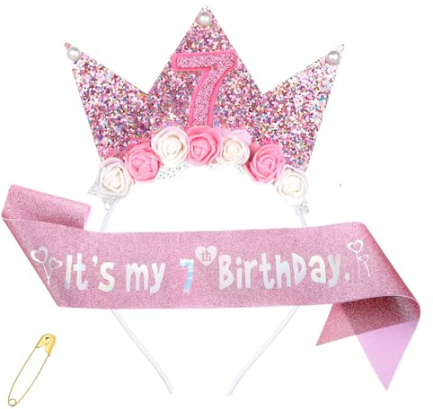 DOPENSPI Geburtstagskrone und Schärpe zum 7. Geburtstag, Glänzendes Rosa Geburtstagsschärpe mit Anstecknadel für Mädchens Frauen Birthday Weihnachten Geschenk Party