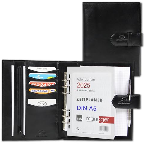 ALMADIH Leder A5 Terminplaner mit Ringmechanik Kalender 2026 Schreibblock aus Premium Rindsleder SCH Ledermappe Mappe Schreibmappe Organizer Terminkalender Ringbuchmappe Aktenmappe (Schwarz)