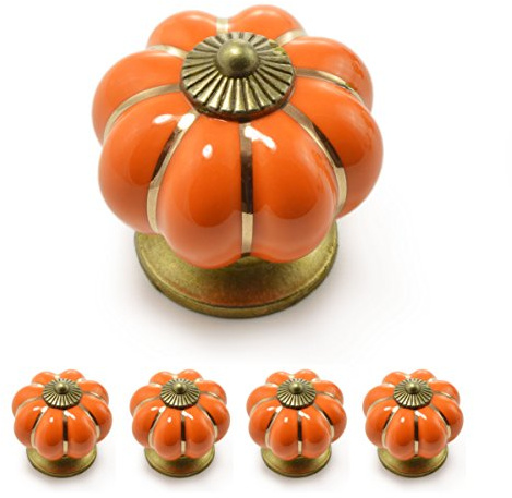 Ganzoo 4 boutons de meuble couronne en porcelaine orange avec décoration bronze antique, bouton de tiroir et porte de placard, forme ronde agréable, Ø 38mm x 38mm, montage par vis, façades ≤ 18mm