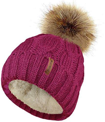 TOSKATOK Ladies Chunky Soft Cable Knit Hat with Cosy Fleece Liner and Detachable Faux Fur Pompom-Morello