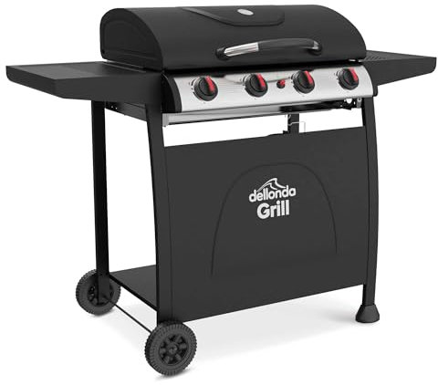 Dellonda 4 Burner Gas BBQ Grill with Piezo Ignition, Built-In Thermometer, Black/Stainless Steel - DG15
