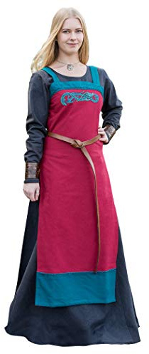 Battle-Merchant Hilja - Damer vikingaklänning - medeltida snörklänning med broderier - LAJV-klädsel av bomull - blå/senapsgul eller röd/petrol - stl. S-XXL - röd - XXL
