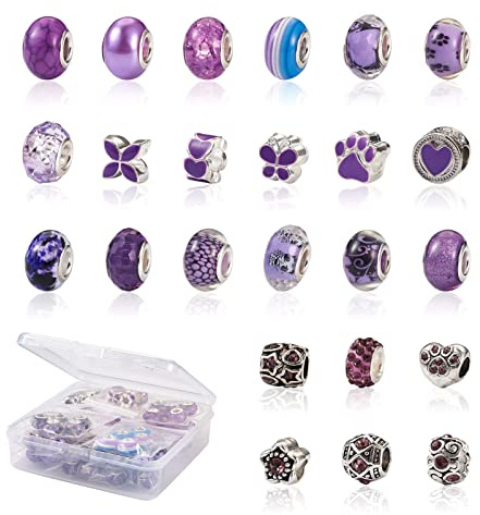 Cheriswelry 104Pcs 9.5-14mm Purple Theme Assorted European Lampwork Beads Metal Acrylic Resin Spacer Beads European Large Hole Beads for DIY Necklace Bracelet Jewelry Making Craft