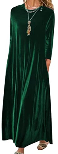 Minetom Femme Automne Hiver Casual Longue Robe Velours Elegant Couleur Unie Manches Longues Lâche Robe Soirée Fête Cocktail Maxi Robes A Vert XL