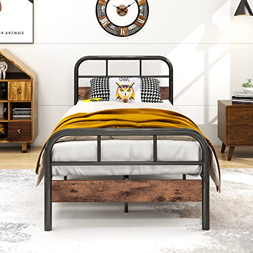 HOMERECOMMEND Moderne Metallbett Bettgestelle mit Lattenrost mit Holz Kopfteil und Fußteil Heavy Duty Metall Plattform Bettrahmen Solid und Stabil 90x200cm Schwarz/Rustic Braun