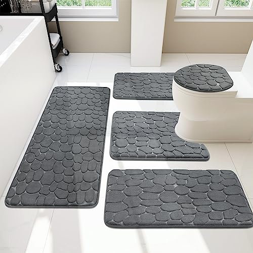 chakme Badezimmer Teppiche Sets 5 Stück, Cobblestone Memory Foam Badezimmer Matten Set dick, Anti-Rutsch-Badematten für Bad,absorbierend waschbar dunkelgrau Badteppiche für Wanne, WC und Boden