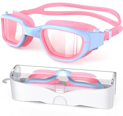 Zeligerstar Kids Swim Goggles,Swimming Goggles for Kids 6-14, Anti-Fog UV Protection Pool Glasses for Boys Girls (Pink/Blue+Clear Lens)