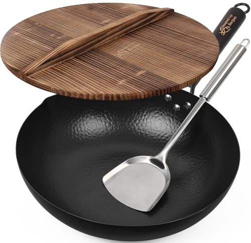 Souped Up Recipes Sartén wok de 34 cm/7 l, sartén china de acero al carbono para cocinas eléctricas, cocinas de inducción (tapa, espátula y guía de usuario incluidos)