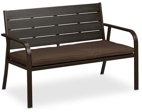 Relaxdays Banco Jardín con Cojín, Efecto Madera, 2 Plazas, Asiento Exterior Resistente, 78 x 118 x 66 cm, Marrón