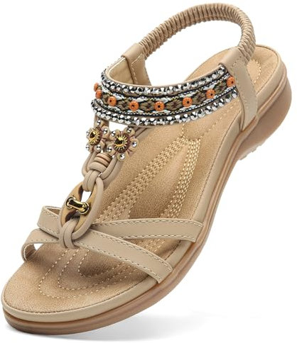 Littleplum Sandalen Damen Freizeit Flach Sandalette mit Strass Perlen Bohemia Strand Schuhe Casual Ankle Elastic Flip Flops,A Beige 39 EU