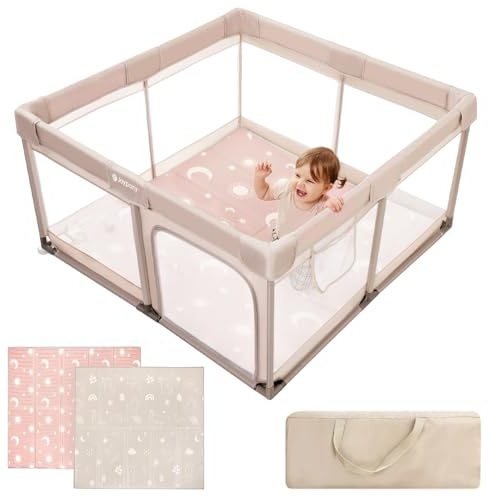 Joypony Laufstall Baby, 127 x 127 cm Laufgitter Baby mit atmungsaktivem 360° Netz, rutschfesten Saugnäpfen, stabiler Spielbereich für Babys und Kleinkinder, Indoor Playpen, Beige