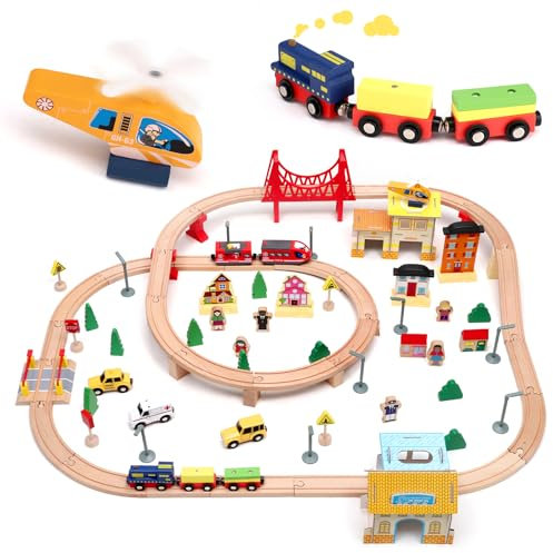 Pista Treno in Legno,Hoyiyobi 72 Pcs Binari Trenino Set Ferrovia in Legno Compleanno e di Natale per Bambini, Compatibile con le Principali Marche per ragazze ragazzi 3 4 5 6 anni