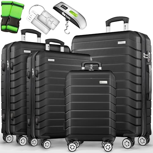 tillvex® Set 4 valigie rigide S-M-L-XL + bilancia, 8 cinghie e 4 etichette bagagli | Valigia da viaggio leggera con 4 ruote piroettanti | Guscio rigido in ABS con lucchetto TSA (Nero)