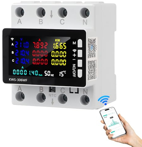 Medidor de Consumo Electrico Wifi, 3 Fases 4 Conductores Contador de Electricidad, 9 en 1 Contador Electrico Digital, Voltímetro Amperímetro Carril Din, 80A 220V