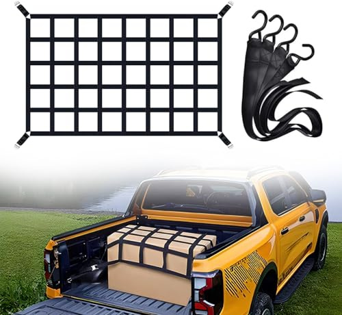 Cargo Net Gepäcknetz für Pickup & LKW Ladefläche/Heckklappe 167x127cm – 500kg Schwerlast Frachtnetz Reißfest aus Nylon, verstellbar mit 4 Festgurten, S-Haken & Tragtasche