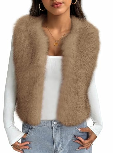 BTFBM Faux Fur Vest Women Fall Fashion 2026 Sleeveless Fuzzy Jacket Fluffy Coats Winter Clothing Furry Outerwear Vests(Khaki, Small)
