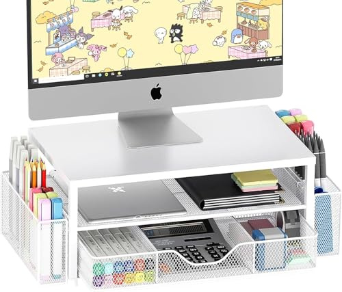 LOFTORY Monitor Stand Riser with Drawer & Pen Holders – Ergonomic Laptop Stand for Desk, Metal Computer Stand Organizer for Office Supplies, Space-Saving Desktop Accessories
