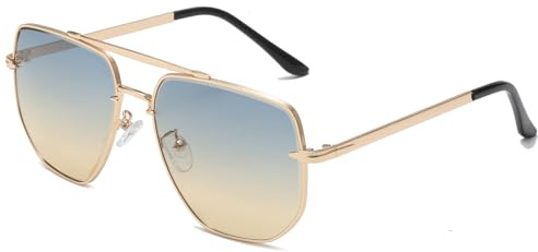 Long Keeper Lunettes de Soleil Pilote Homme Femme Lunette de Soleil Métal Oversize Lunettes Double Pont Pilote Vintage Unisexe UV400, 60 MM (Doré Monture - Dégradé Bleu Jaune Lentilles)